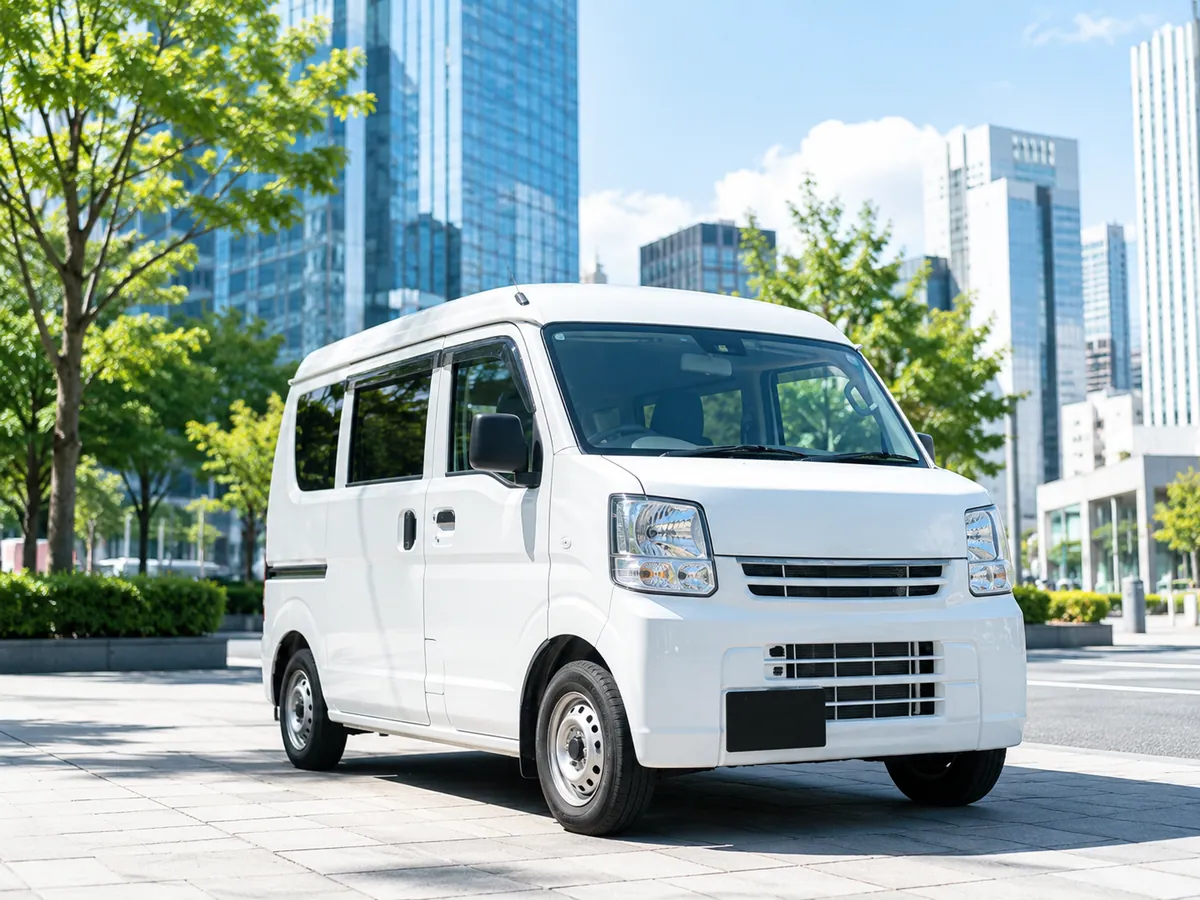 東京の街を背景に駐車された株式会社ウィランの白い軽バン