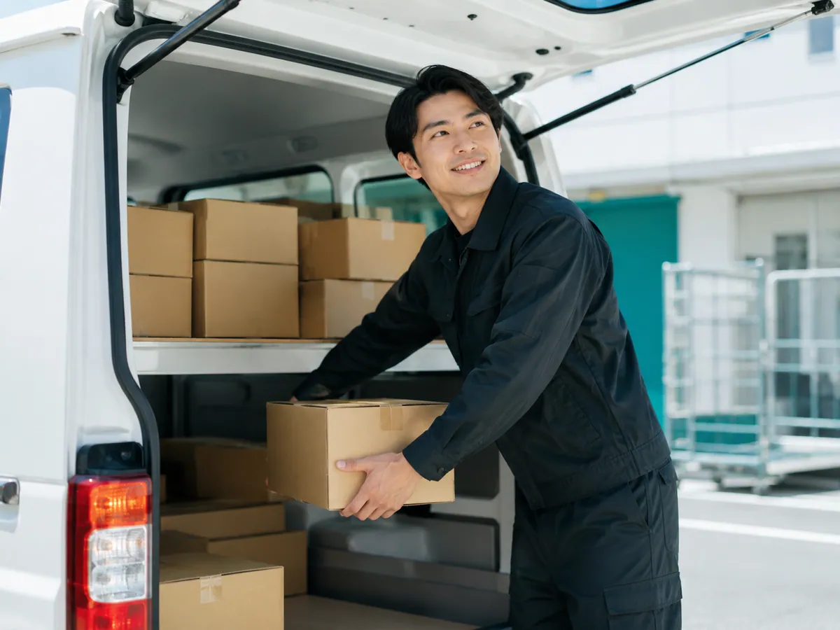 配送センターで軽バンに荷物を積み込む株式会社ウィランのドライバー